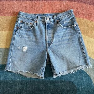 Levis 501 mid length light wash denim shorts